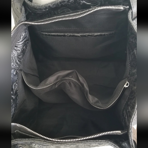 NWT 🇮🇹 Isadora Italian Black Tooled Floral Leather Large Satchel Tote Bag - Picture 8 of 13